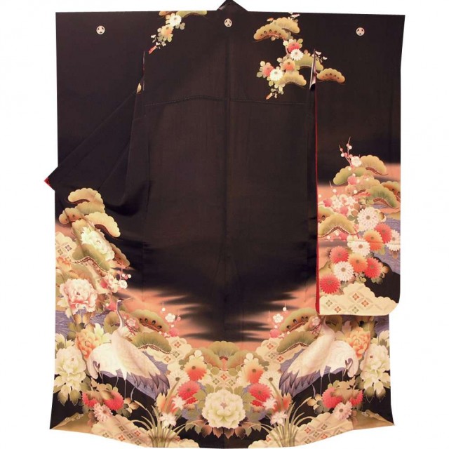 リサイクル着物Asagiの振袖 /黒色/古典/花柄/ 0085 アンティーク大振袖