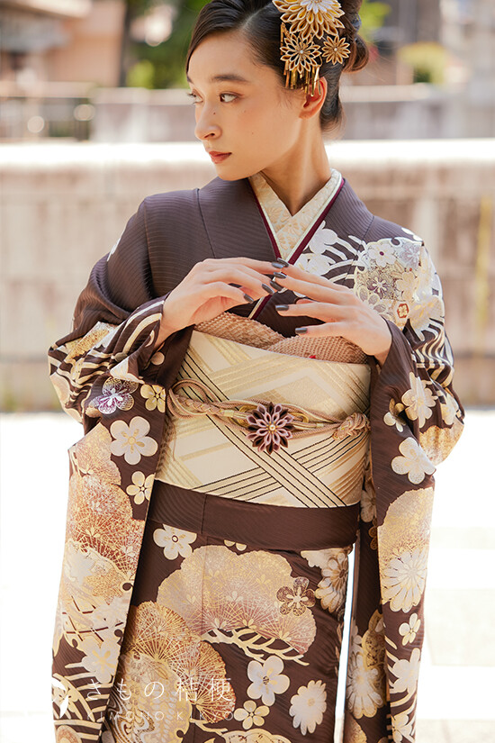 きもの桔梗 下松店の振袖 /茶色/白色/キュート/花柄/ F-1051 | My振袖