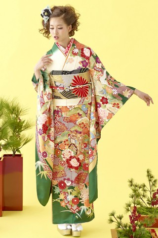 引き振袖　お引摺り　金彩【紫ベルフラワーピンク水色オレンジ】　桜藤御所車　花魁 引き振袖 お引摺り 金彩【紫ベルフラワーピンク水色オレンジ