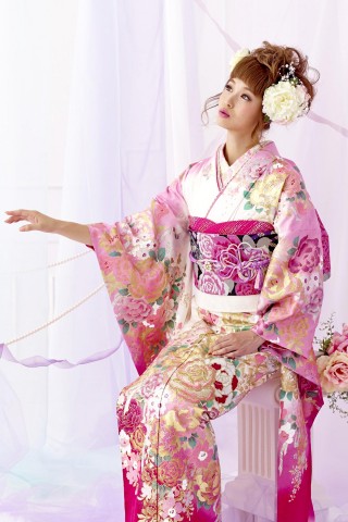 みみ　振袖 黒×ピンク 　桜　正絹　美品 送料無料】【中古】 振袖 正絹（ 中古 ランクS ブラック 黒