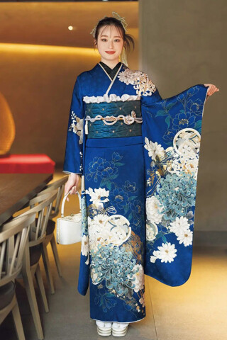 【zaruba】着物 振袖 フルセット 青 成人式 ヴィンテージスタイル 青(ブルー) ノスタルジック シンプル