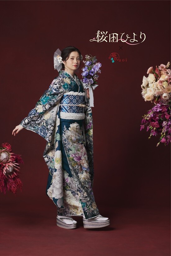 きものあさ川の振袖 /紺色/青色/エレガント/牡丹柄/ 桜田ひより | My振袖