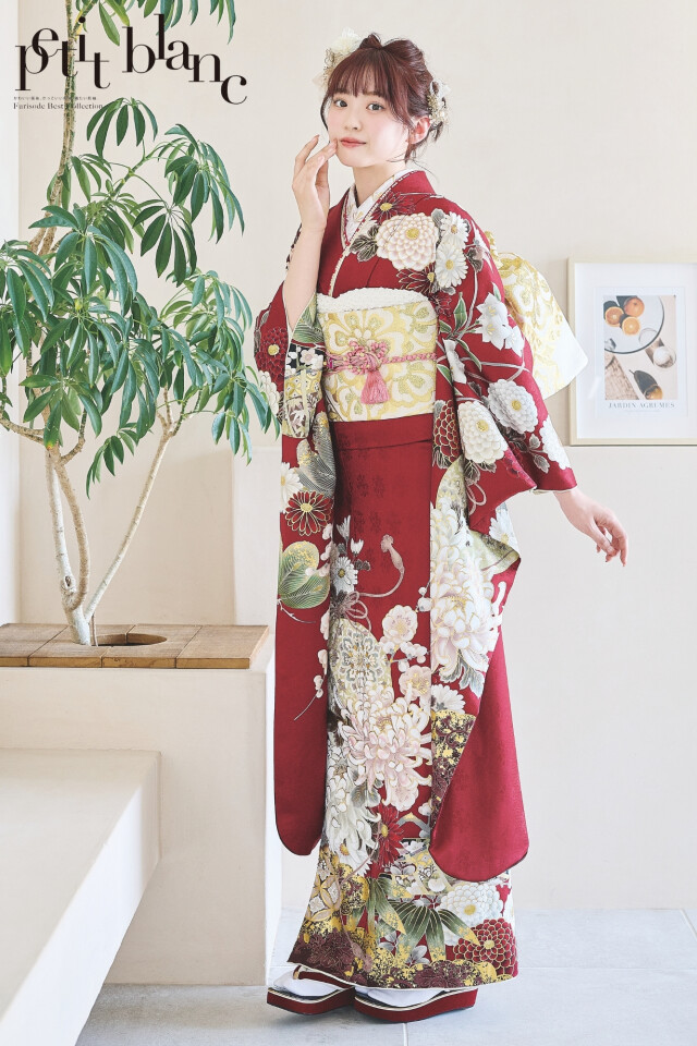 【即決価格】華やか花車模様　振袖フルセット　結婚式前撮り謝恩会成人式 正統派古典 白/黒/赤 菊柄 かわいい 清楚 伝統的 金彩刺繍京友禅 お