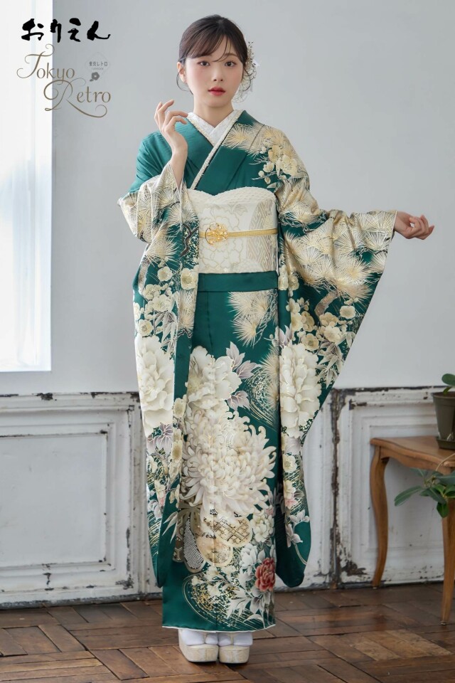 ◎美しい花柄の緑色振袖　帯　4点セット 振袖レンタル おりえん｜大阪堺市の振袖 /緑色/白色/古典/牡丹柄/ 東京