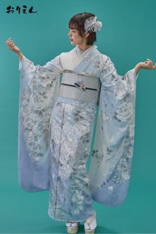 日産呉服の振袖 /水色/緑色/古典/牡丹柄/ 最高級手描き加賀友禅振袖