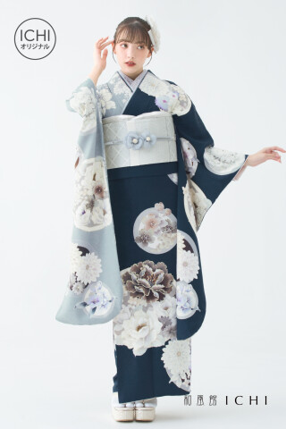 F.5704［花丸紋と菊］片身替り／紺_振袖_77799