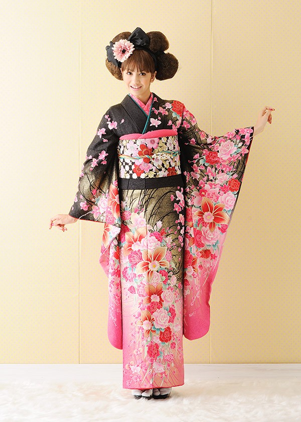 蝶舞う花模様♡振袖フルセット　成人式前撮り　長襦袢ご希望の方に ヘップバーンシュシュ 黒/オールブラック バラ柄 グリッター リボン