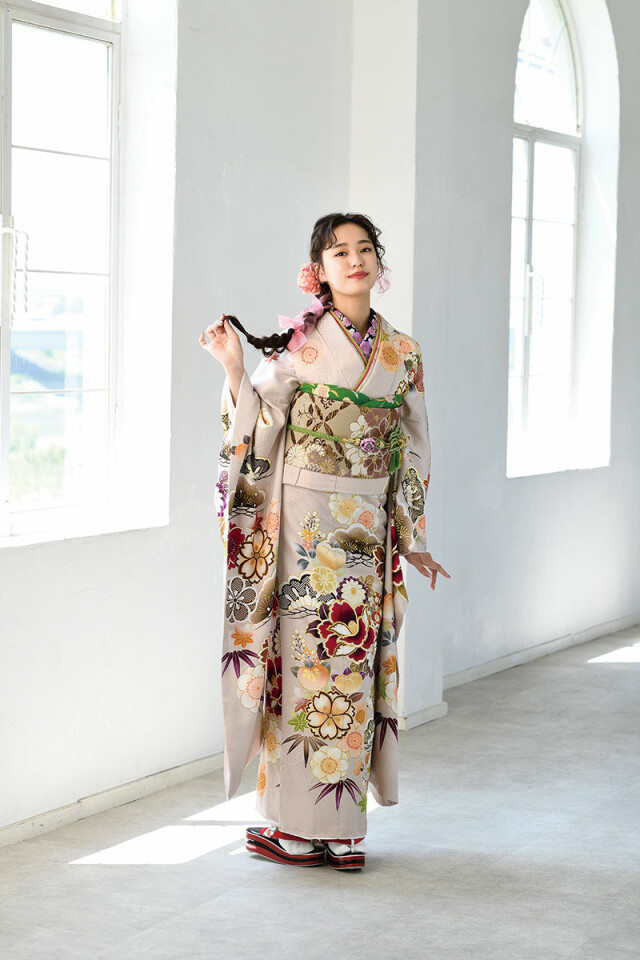 うめね呉服店の振袖 /ベージュ色/ピンク色/クール/桜柄/ S618_雪月花