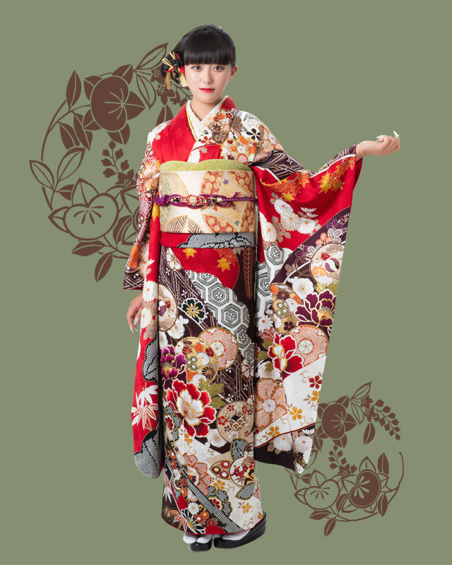 レンタルブティック みとみの振袖 /赤色/古典/橘柄/ ち349 赤 橘