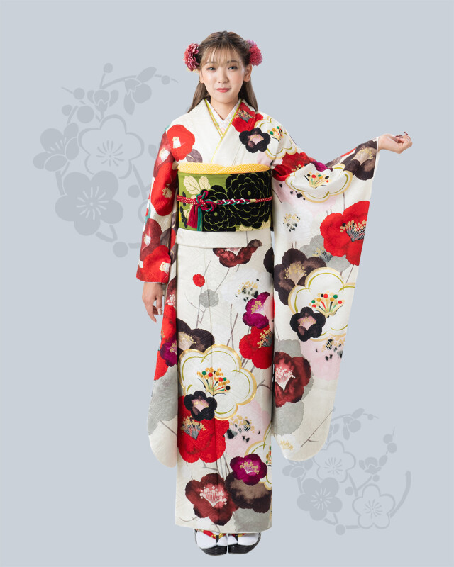 レンタルブティック みとみの振袖 /白色/赤色/古典/椿柄/ ち348 玉城