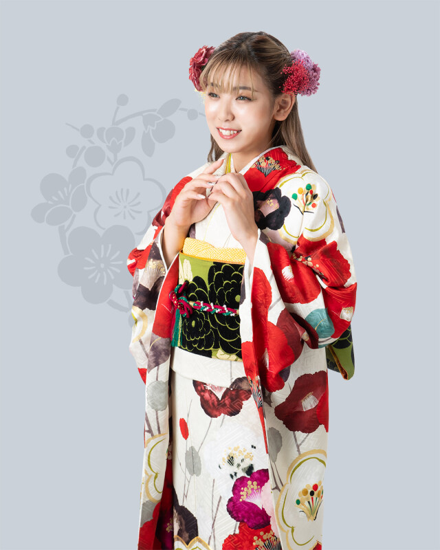 レンタルブティック みとみの振袖 /白色/赤色/古典/椿柄/ ち348 玉城