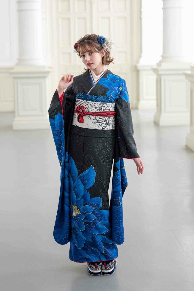 スタジオマックス深谷店の振袖 /黒色/青色/クール/花柄/ L1230537 | My振袖