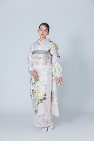 くすみピンクに咲く白と黄の菊｜落ち着いた大人のレトロ古典振袖_振袖_46485