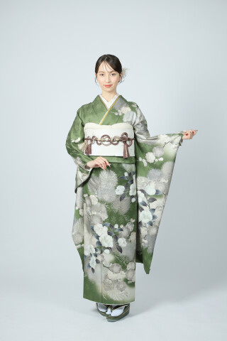 振袖成人式グリーン正絹刺繍 正絹 振袖フルセット 身丈163裄66 5 金箔 緑 蝶柄 成人式 7点