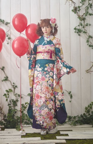 ブライダルセンター雅の振袖 /緑色/青色/古典/桜柄/ No1173 ターコイズ