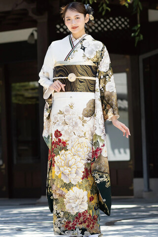 創業大正12年（株）池田屋の振袖 /白色/黄色/古典/扇面柄/ 振袖No
