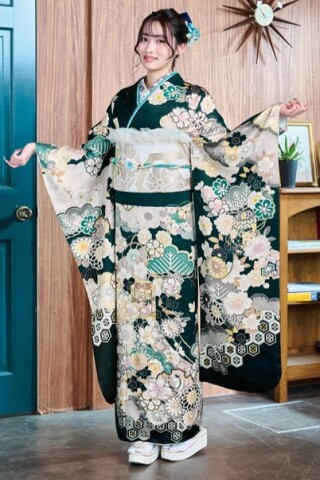 KR815 知的な美しさを引き立てる、深緑とブルーの美しい振袖_振袖_63638