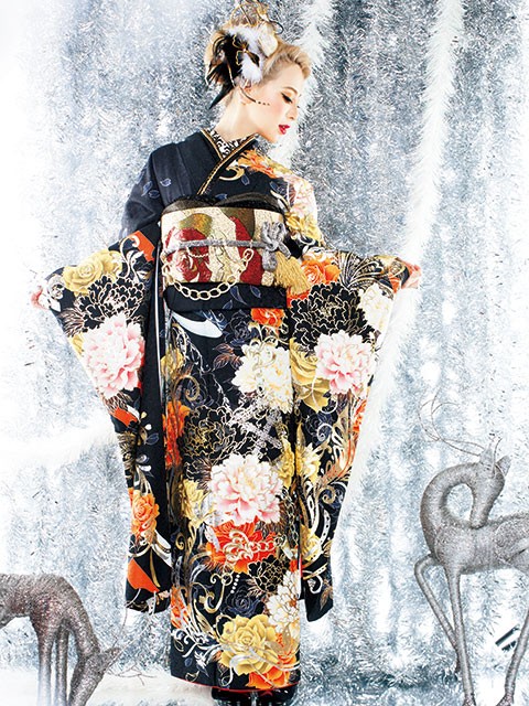 PA－ru－LE（パルレ）津の振袖 /黒色/クール/花柄/ 着物ageha 荒木