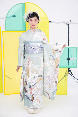 【美品】振袖 京美苑 きもの にしむらの振袖 /緑色/白色/古典/菊柄/ 振袖日和 B707