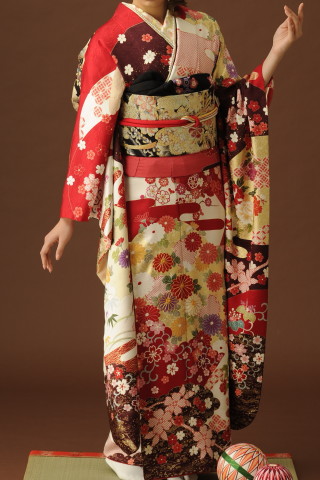 赤に金。小菊。扇面_振袖_23526
