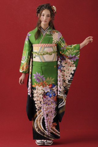 「ひいな」藤に流水　青竹色に墨暈し_振袖_37896