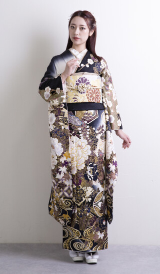 セゾンふりそで館の振袖 /黒色/グレー色/クール/雪輪柄/ 03569
