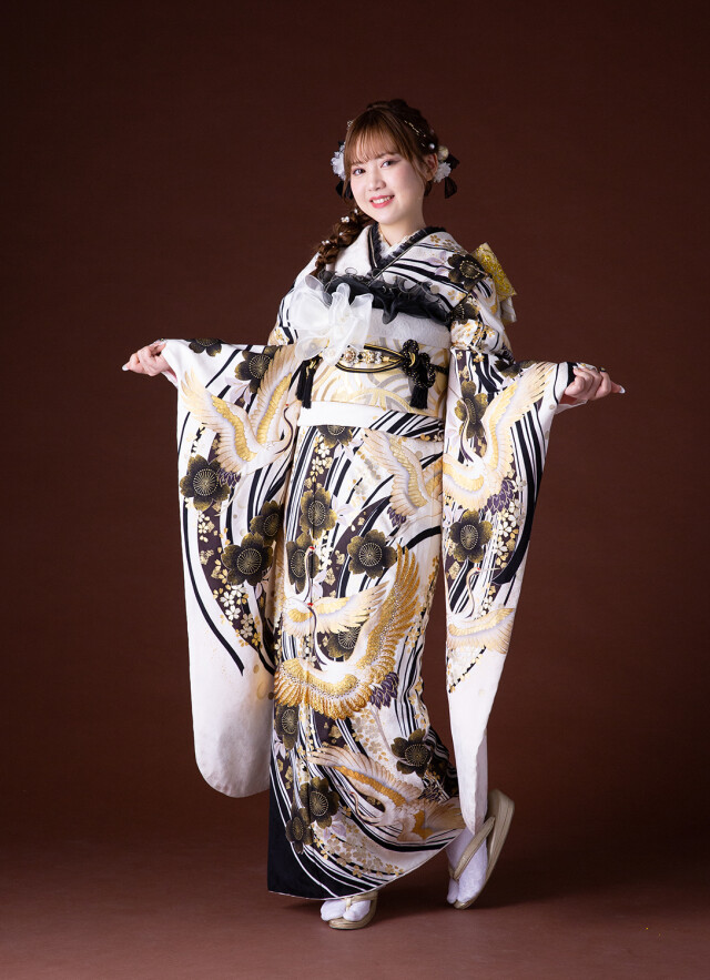 セゾンふりそで館の振袖 /白色/黒色/古典/鶴柄/ 03619白 金鶴 桜