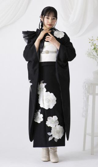 セゾンふりそで館の振袖 /黒色/白色/レトロ/椿柄/ 03793 黒 白椿