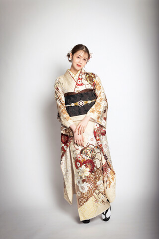 初詣 成人式 等に 花魁風 蝶々 薔薇 ネイル ハンドメイド コスプレ Doukeshi Arpの振袖 /黒色/ピンク色/グラマラス/百合柄/ 【花魁風