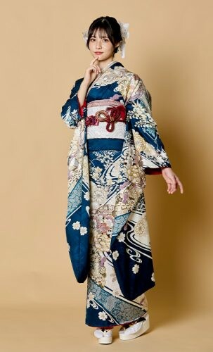 ザ・ドアーズ ことぶきやの振袖 /紺色/ゴールド色/古典/華籠柄/ 假屋崎