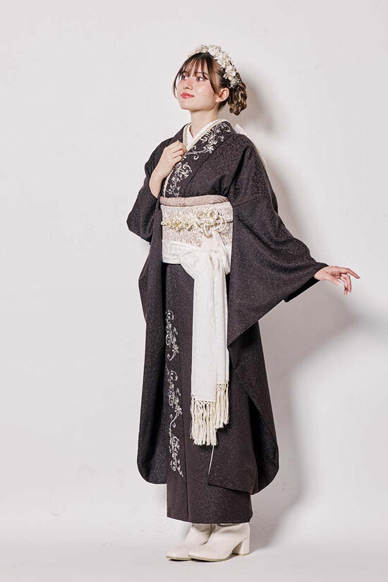 夢楽染かずの明石店の振袖 /茶色/シルバー色/クール/無地柄/ 【MK-1604