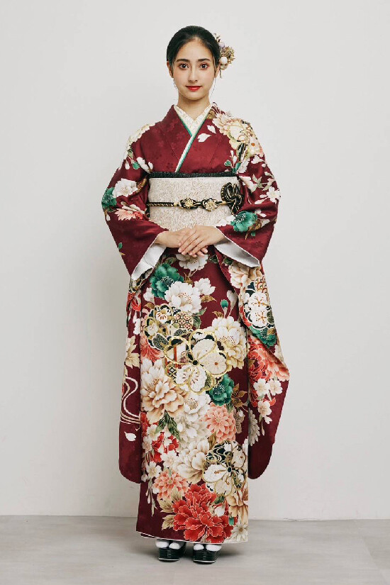 夢楽染かずの明石店の振袖 /赤色/白色/グラマラス/牡丹柄/ 【MK-1509