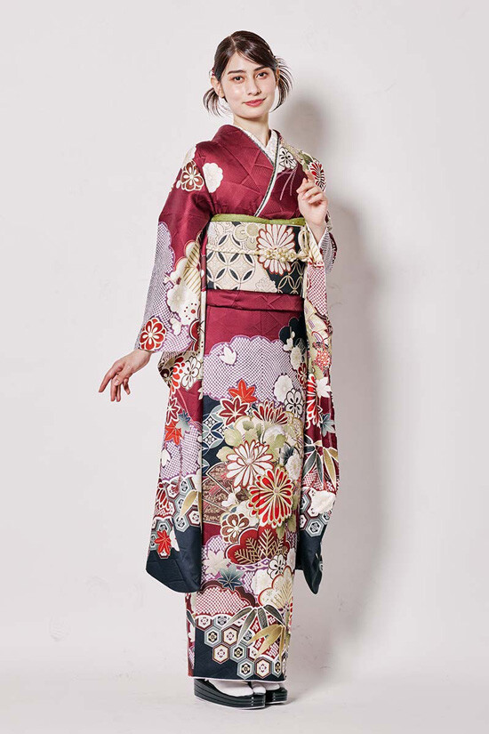 夢楽染かずの明石店の振袖 /その他色/赤色/古典/菊柄/ 【MK-1606】深紅