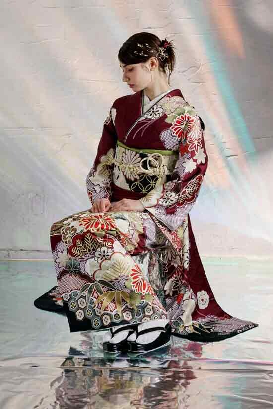 夢楽染かずの明石店の振袖 /その他色/赤色/古典/菊柄/ 【MK-1606】深紅