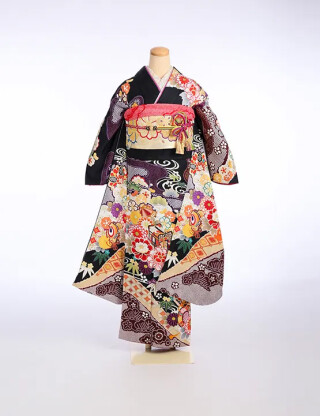 黒地に華やかに舞う疋田文様と雲取り四季花_振袖_36511