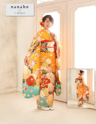 【nanaho×Ai Matsumoto】明るい山吹色に水色裾と八重菊が華やかな振袖_振袖_11846