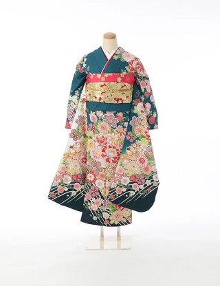 深みのあるターコイズブルー地に色とりどりの和花が咲き誇る美振袖_振袖_34566