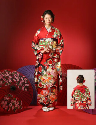 鮮烈な朱赤地に亀甲柄と古典花々が咲き誇る晴れやか振袖_振袖_38294