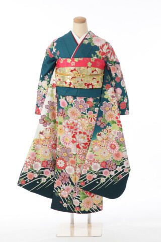緑地に色鮮やかな花々が華やか♪_振袖_87046