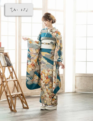 【ひいな】深いターコイズブルー地に波文と満開の菊花が気品あふれる振袖_振袖_33823