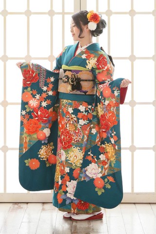 深緑に鮮やかな花柄の振袖_振袖_40092