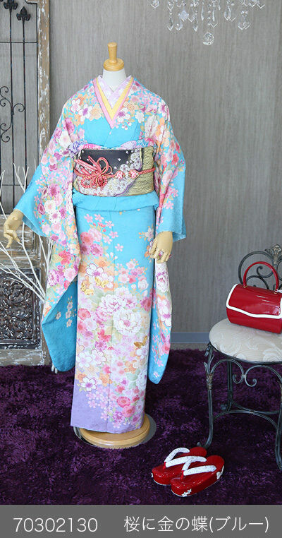 振袖　着物　帯　セット　成人式　水色　蝶　桜　ブルー系　前撮り 鈴屋 白河店の振袖 /水色/キュート/花柄/ 桜に金の蝶(ブルー) | My振袖