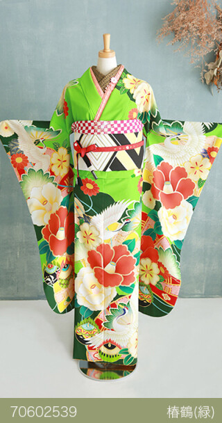 TWOエンジェル 山形店の振袖 /緑色/朱色/レトロ/鶴柄/ 椿鶴（緑） | My振袖