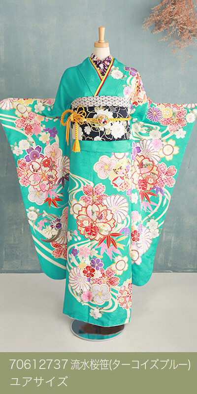 ♡ 未使用　振袖　桜流水につた　ブルー♡ TWOエンジェル 山形店の振袖 /緑色/ピンク色/キュート/桜柄/ 流水桜笹