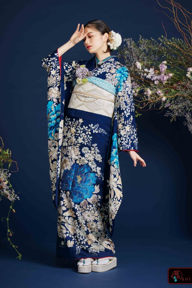 フォトステージノアの振袖 /紺色/白色/エレガント/牡丹柄/ 葵衣 aoi