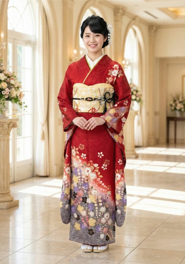 葛西屋呉服店の振袖 /赤色/黒色/古典/道長取り柄/ 【No.45】辻が花