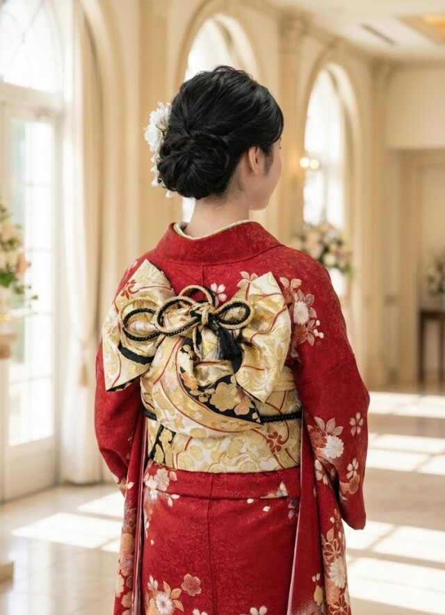 葛西屋呉服店の振袖 /赤色/黒色/古典/道長取り柄/ 【No.45】辻が花