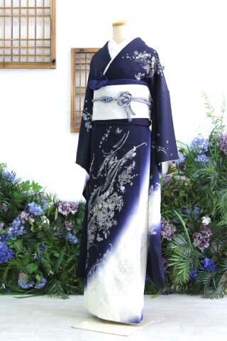 振袖 波の地模様に大柄の花 共八掛 素敵 正絹 広衿 袷 着物 T-2473 振袖 波の地模様に大柄の花 共八掛 素敵 正絹 広衿