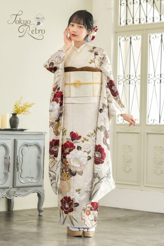 正絹振袖5 Mサイズ⭐︎2/28までに出品 二尺袖着物 単品 絵羽「黒地 金茶色、花紋」Fサイズ お仕立て