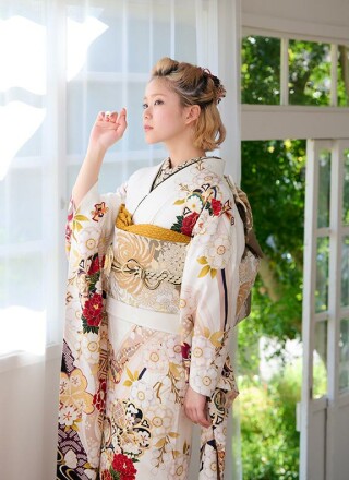 振袖 白地 振袖 レンタル フルセット 白地 金銀 菊 成人式 結婚式 着物